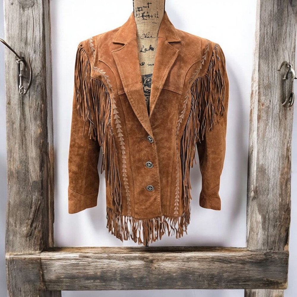 Vtg Pioneer Wear Genuine Suede Brown Leather Fringe Western Jacket Women's S EUC